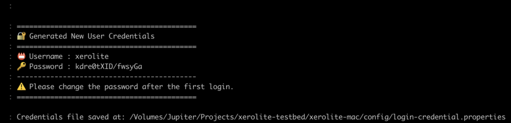 Console output showing generated credentials